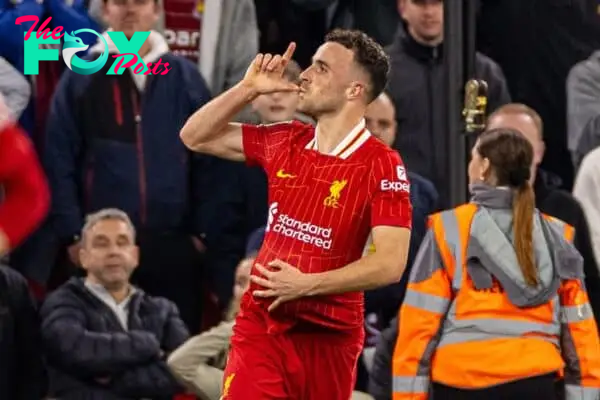 LIVERPOOL, ENGLAND - Wednesday, September 25, 2024: Liverpool's Diogo Jota celebrates after scoring his side's first equalising goal during the Football League Cup 3rd Round match between Liverpool FC and West Ham United FC at Anfield. (Photo by Ryan Brown/Propaganda)