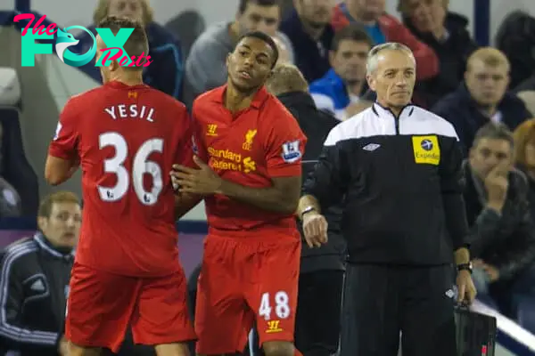 WEST BROMWICH, ENGLAND - Wednesday, September 26, 2012: History in the making? Liverpool's Jerome Sinclair becomes the youngest ever player to appear for the Reds, aged 16 years and 6 days during the Football League Cup 3rd Round match against West Bromwich Albion at the Hawthorns. (Pic by David Rawcliffe/Propaganda)