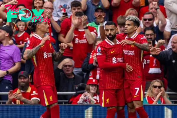 LIVERPOOL, ENGLAND - Saturday, September 21, 2024: Liverpool's Luis Díaz celebrates after scoring the first goal during the FA Premier League match between Liverpool FC and AFC Bournemouth at Anfield. (Photo by David Rawcliffe/Propaganda)