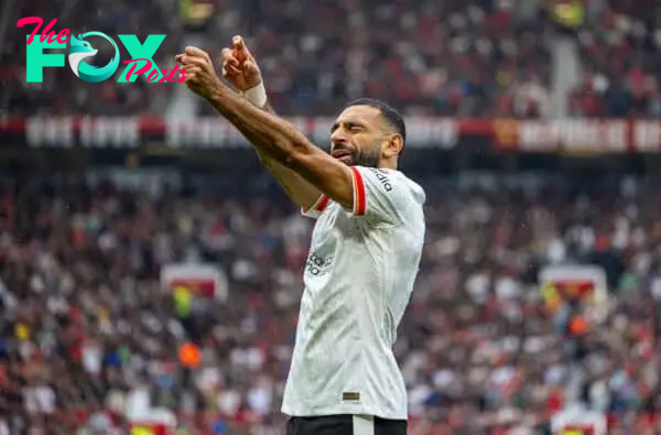 MANCHESTER, ENGLAND - Sunday, September 1, 2024: Liverpool's Mohamed Salah celebrates after scoring the third goal during the FA Premier League match between Manchester United FC and Liverpool FC at Old Trafford. (Photo by David Rawcliffe/Propaganda)