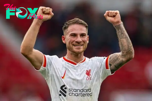 MANCHESTER, ENGLAND - Sunday, September 1, 2024: Liverpool's Alexis Mac Allister celebrates after the FA Premier League match between Manchester United FC and Liverpool FC at Old Trafford. Liverpool won 3-0. (Photo by David Rawcliffe/Propaganda)