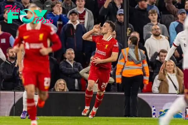 LIVERPOOL, ENGLAND - Wednesday, September 25, 2024: Liverpool's Diogo Jota celebrates after scoring his side's first equalising goal during the Football League Cup 3rd Round match between Liverpool FC and West Ham United FC at Anfield. (Photo by Ryan Brown/Propaganda)