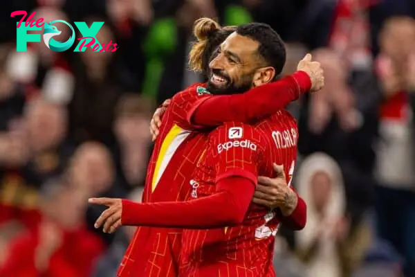 LIVERPOOL, ENGLAND - Wednesday, September 25, 2024: Liverpool's Mohamed Salah celebrates after scoring his side's third goal during the Football League Cup 3rd Round match between Liverpool FC and West Ham United FC at Anfield. (Photo by Ryan Brown/Propaganda)