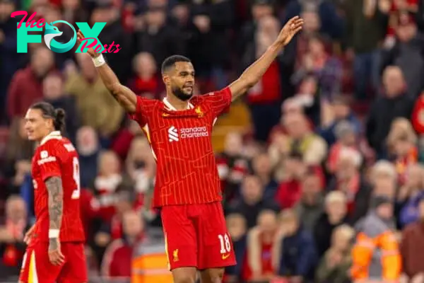 LIVERPOOL, ENGLAND - Wednesday, September 25, 2024: Liverpool's Cody Gakpo celebrates after scoring the fifth goal during the Football League Cup 3rd Round match between Liverpool FC and West Ham United FC at Anfield. (Photo by Ryan Brown/Propaganda)