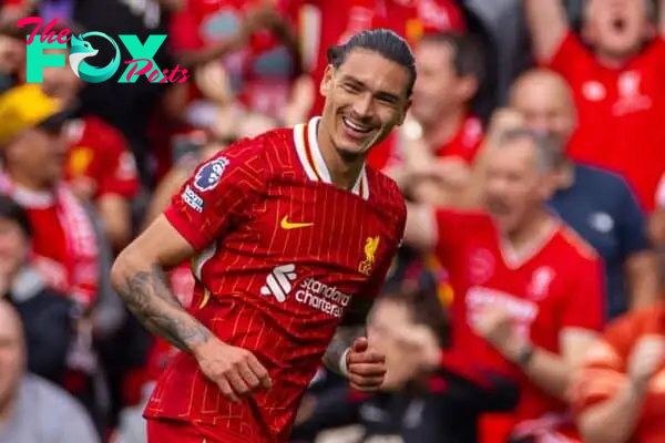 LIVERPOOL, ENGLAND - Saturday, September 21, 2024: Liverpool's Darwin Núñez celebrates after scoring the third goal during the FA Premier League match between Liverpool FC and AFC Bournemouth at Anfield. (Photo by David Rawcliffe/Propaganda)