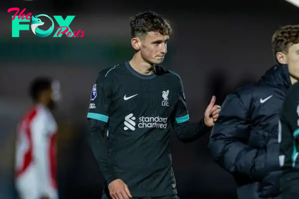 BOREHAMWOOD, ENGLAND - Friday, September 27, 2024: Liverpool's goal-scorer Tyler Morton after the Premier League 2 Division 1 match between Arsenal FC Under-21's and Liverpool FC Under-21's at Meadow Park. Liverpool wonm 3-0. (Photo by David Rawcliffe/Propaganda)