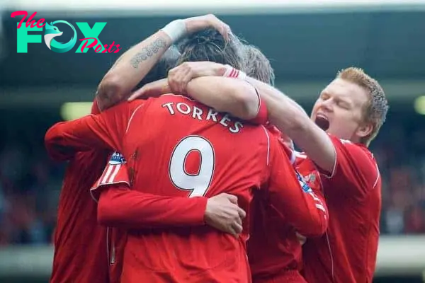 LIVERPOOL, ENGLAND - Sunday, March 30, 2008: Liverpool's Fernando Torres celebates scoring the only goal of the game, with team-mates, against Everton during the 207th Merseyside derby, in the Premiership match at Anfield. (Photo by David Rawcliffe/Propaganda)