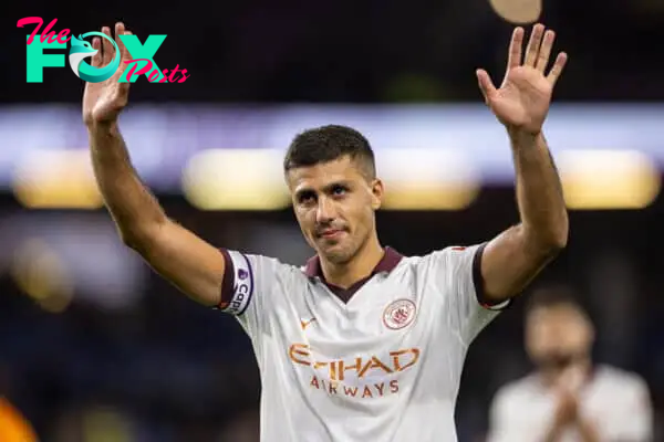 BURNLEY, ENGLAND - Friday, August 11, 2023: Manchester City's goal-scorer Rodrigo Hernández Cascante 'Rodri' celebrates after the FA Premier League match between Burnley FC and Manchester City FC at Turf Moor. Man City won 3-0. (Pic by David Rawcliffe/Propaganda)