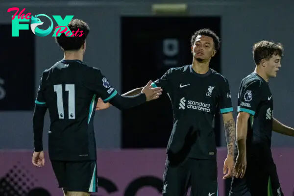 BOREHAMWOOD, ENGLAND - Friday, September 27, 2024: Liverpool's Ranel Young (R) celebrates with team-mate Kieron Morrison after scoring his side's third goal during the Premier League 2 Division 1 match between Arsenal FC Under-21's and Liverpool FC Under-21's at Meadow Park. (Photo by David Rawcliffe/Propaganda)