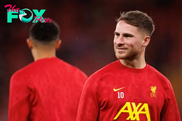 LIVERPOOL, ENGLAND - Wednesday, September 25, 2024: Alexis Mac Allister of Liverpool warms up prior to the Football League Cup 3rd Round match between Liverpool FC and West Ham United FC at Anfield. (Photo by Ryan Brown/Propaganda)