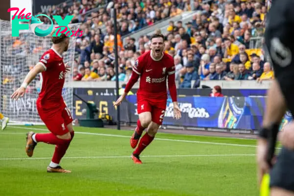 WOLVERHAMPTON, ENGLAND - Saturday, September 16, 2023: Liverpool's Andy Robertson celebrates after scoring the second goal during the FA Premier League match between Wolverhampton Wanderers FC and Liverpool FC at Molineux Stadium. Liverpool won 3-1. (Pic by David Rawcliffe/Propaganda)