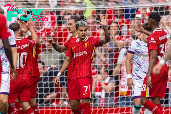 LIVERPOOL, ENGLAND - Saturday, September 21, 2024: Liverpool's Luis Díaz celebrates after scoring the second goal during the FA Premier League match between Liverpool FC and AFC Bournemouth at Anfield. (Photo by David Rawcliffe/Propaganda)