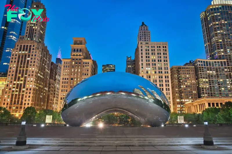 Chicago at night, with the famous bean in the foreground.