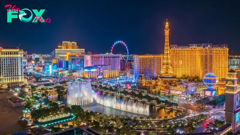 Panoramic view of Las Vegas at night.