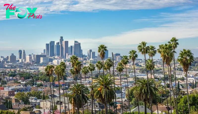 Los Angeles skyline during a sunny day.