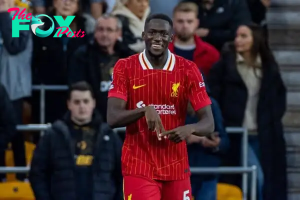 WOLVERHAMPTON, ENGLAND - Saturday, September 28, 2024: Liverpool's Ibrahima Konaté celebrates after scoring the opening goal during the FA Premier League match between Wolverhampton Wanderers FC and Liverpool FC at Molineux Stadium. (Photo by David Rawcliffe/Propaganda)