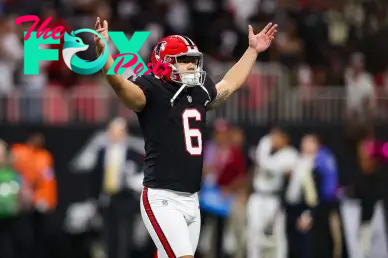 Sep 29, 2024; Atlanta, Georgia, USA; Atlanta Falcons place kicker Younghoe Koo (6) celebrates after kicking the game-winning field goal against the New Orleans Saints in the fourth quarter at Mercedes-Benz Stadium. Mandatory Credit: Brett Davis-Imagn Images