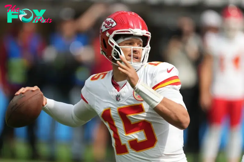 Sep 29, 2024; Inglewood, California, USA; Kansas City Chiefs quarterback Patrick Mahomes (15) throws the ball in the first quarter against the Los Angeles Chargers at SoFi Stadium. Mandatory Credit: Kirby Lee-Imagn Images