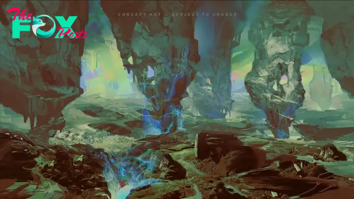 Concept art for Destiny 2's Codename: Apollo expansion showing a lurid green alien landscape with towering inverted triangular rocks stretching upward from the ground.