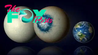 An artist's rendering comparing the "eyeball planet" to Earth. It is about twice as large and features a circular liquid ocean surrounded by ice.