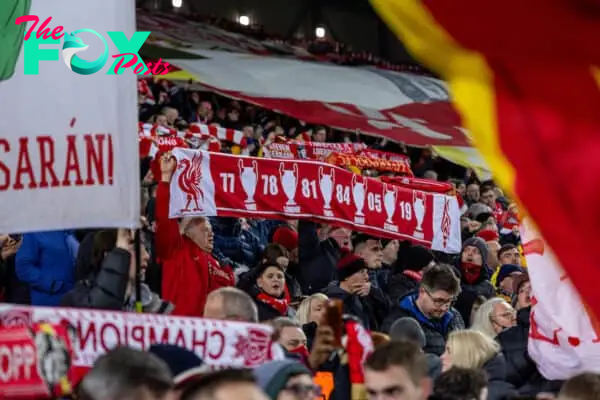 LIVERPOOL, ENGLAND - Tuesday, March 8, 2022: Liverpool supporters on the Spion Kop sing "You'll Never Walk Alone" before the UEFA Champions League Round of 16 2nd Leg game between Liverpool FC and FC Internazionale Milano at Anfield. Liverpool won the tie 2-1 on aggregate after a 1-0 defeat. (Pic by David Rawcliffe/Propaganda)