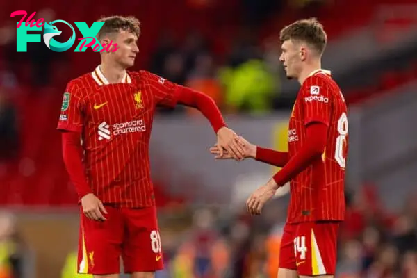 LIVERPOOL, ENGLAND - Wednesday, September 25, 2024: Liverpool's Tyler Morton (L) and Conor Bradley after the Football League Cup 3rd Round match between Liverpool FC and West Ham United FC at Anfield. (Photo by Ryan Brown/Propaganda)