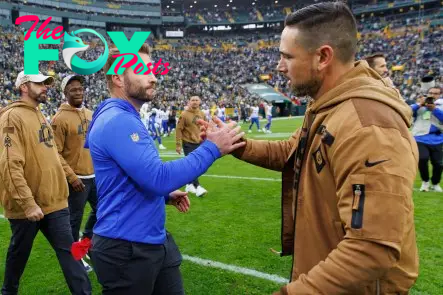 Nov 5, 2023; Green Bay, Wisconsin, USA;  Los Angeles Rams head coach Sean McVay greets Green Bay Packers head coach Matt LaFleur following the game at Lambeau Field. Mandatory Credit: Jeff Hanisch-USA TODAY Sports