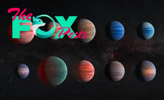 An artist rendering of 10 round exoplanets, 5 on top and 5 on bottom in front of a starry background