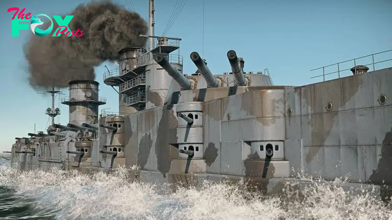 A huge naval vessel with large cannons shoots shells