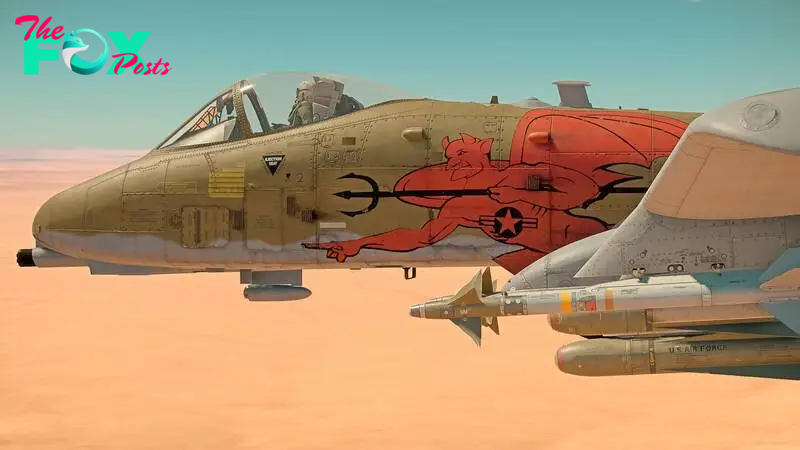 A brown fighter plane with a devil on the side flies through a desert area