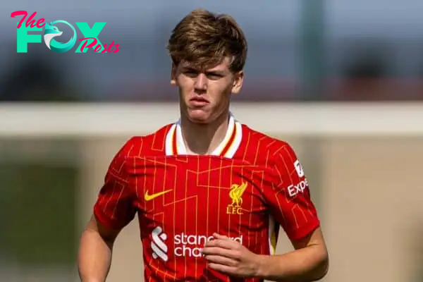 KIRKBY, ENGLAND - Saturday, August 24, 2024: Liverpool's Joe Bradshaw during the Under-18's Premier League North match between Liverpool FC Under-18's and Middlesbrough FC Under-18's at the Liverpool Academy. Middlesbrough won 3-2. (Photo by David Rawcliffe/Propaganda)