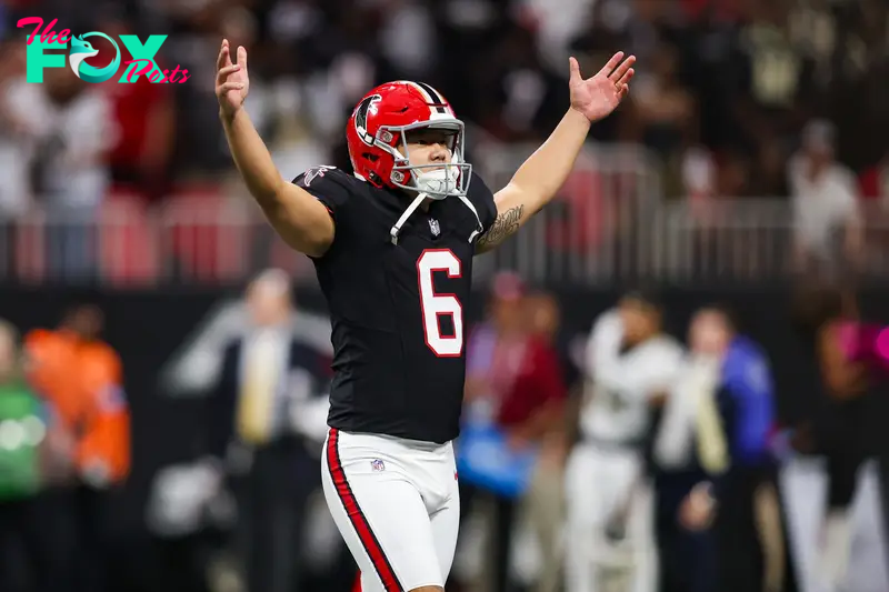 Sep 29, 2024; Atlanta, Georgia, USA; Atlanta Falcons place kicker Younghoe Koo (6) celebrates after kicking the game-winning field goal against the New Orleans Saints in the fourth quarter at Mercedes-Benz Stadium. Mandatory Credit: Brett Davis-Imagn Images