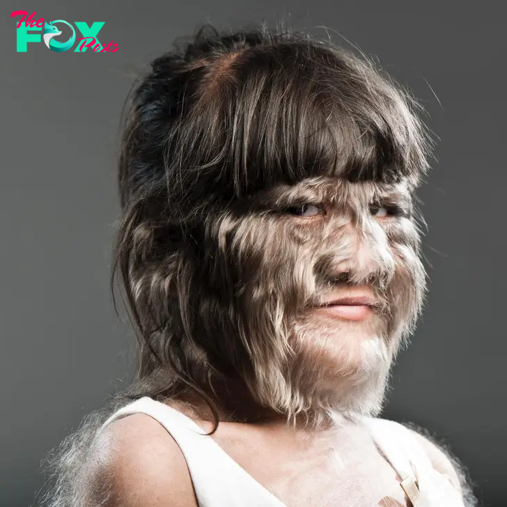 A young girl looks at the camera, she's covered in fur-like hair on her face.