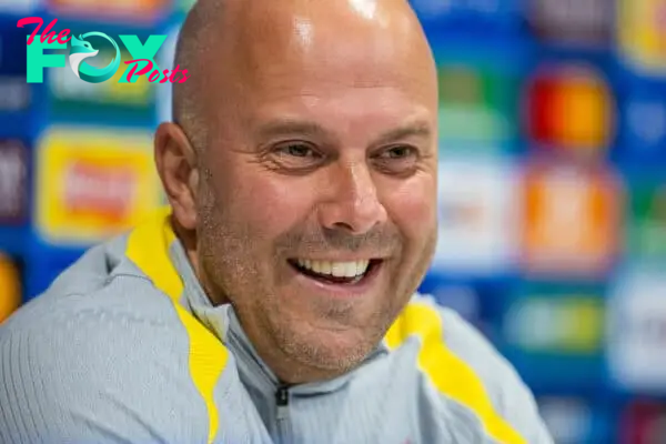 LIVERPOOL, ENGLAND - Tuesday, October 1, 2024: Liverpool's head coach Arne Slot during a press conference at Anfield ahead of the UEFA Champions League game between Liverpool FC and Bologna FC. (Photo by David Rawcliffe/Propaganda)