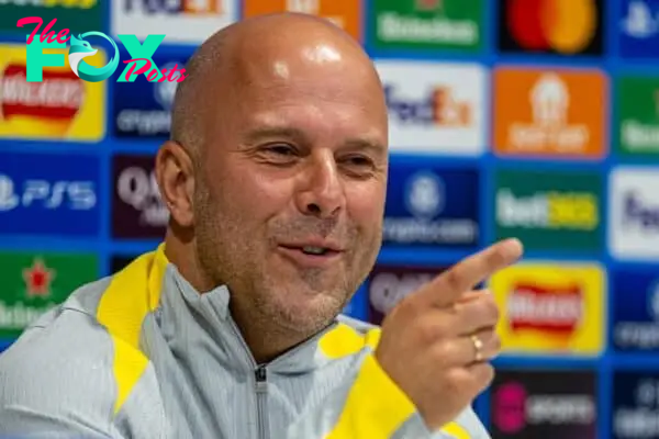 LIVERPOOL, ENGLAND - Tuesday, October 1, 2024: Liverpool's head coach Arne Slot during a press conference at Anfield ahead of the UEFA Champions League game between Liverpool FC and Bologna FC. (Photo by David Rawcliffe/Propaganda)