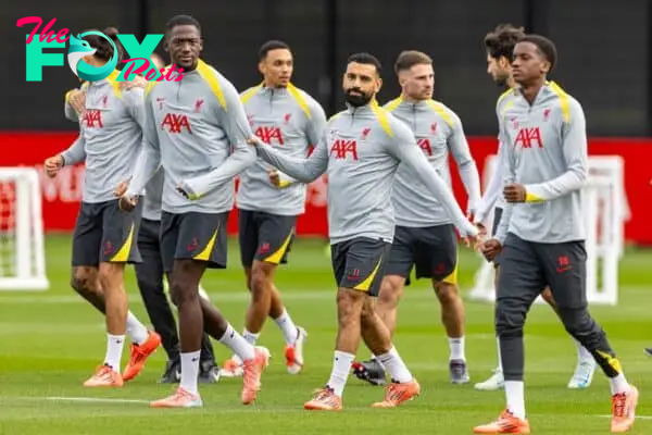 LIVERPOOL, ENGLAND - Tuesday, October 1, 2024: Liverpool's Ibrahima Konaté (L) and Mohamed Salah during a training session at the AXA Training Centre ahead of the UEFA Champions League match between Liverpool FC and Bologna FC. (Photo by David Rawcliffe/Propaganda)