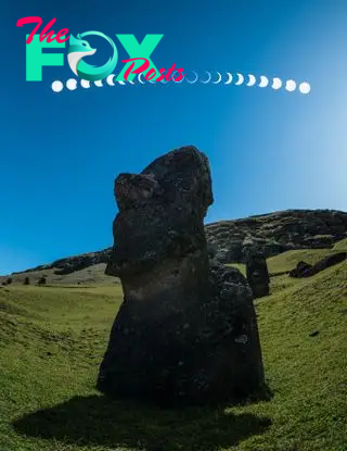 A time lapse showing the progression of a solar eclipse directly above an Easter Island statue