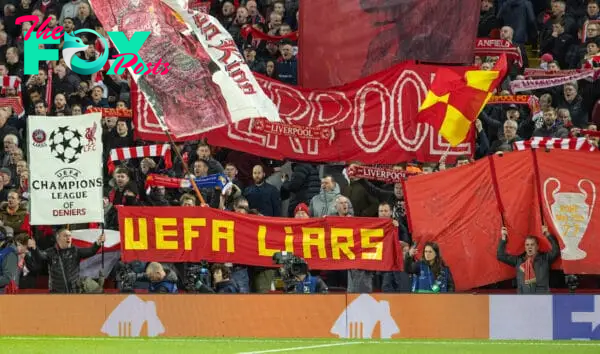 LIVERPOOL, ENGLAND - Tuesday, February 21, 2023: Liverpool supporters' banner "UEFA Liars" on the Spion Kop before the UEFA Champions League Round of 16 1st Leg game between Liverpool FC and Real Madrid at Anfield. (Pic by David Rawcliffe/Propaganda)