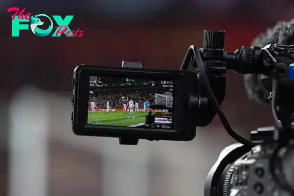 LIVERPOOL, ENGLAND - Tuesday, February 21, 2023: A television camera during the UEFA Champions League Round of 16 1st Leg game between Liverpool FC and Real Madrid at Anfield. (Pic by David Rawcliffe/Propaganda)