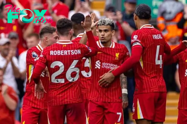 LIVERPOOL, ENGLAND - Saturday, September 21, 2024: Liverpool's Luis Díaz celebrates after scoring the first goal during the FA Premier League match between Liverpool FC and AFC Bournemouth at Anfield. (Photo by David Rawcliffe/Propaganda)