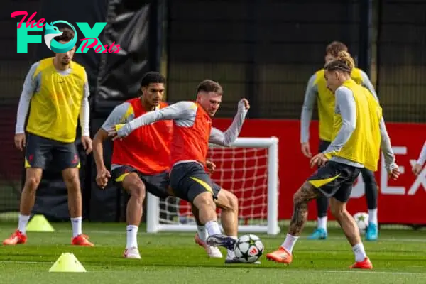 LIVERPOOL, ENGLAND - Tuesday, October 1, 2024: Liverpool's Alexis Mac Allister during a training session at the AXA Training Centre ahead of the UEFA Champions League match between Liverpool FC and Bologna FC. (Photo by David Rawcliffe/Propaganda)