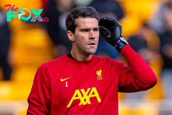 WOLVERHAMPTON, ENGLAND - Saturday, September 28, 2024: Liverpool's goalkeeper Alisson Becker during the pre-match warm-up before the FA Premier League match between Wolverhampton Wanderers FC and Liverpool FC at Molineux Stadium. (Photo by David Rawcliffe/Propaganda)