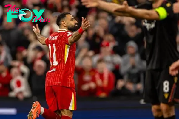 LIVERPOOL, ENGLAND - Wednesday, October 2, 2024: Liverpool's Mohamed Salah celebrates after scoring the second goal during the UEFA Champions League game between Liverpool FC and Bologna FC 1909 at Anfield. (Photo by David Rawcliffe/Propaganda)