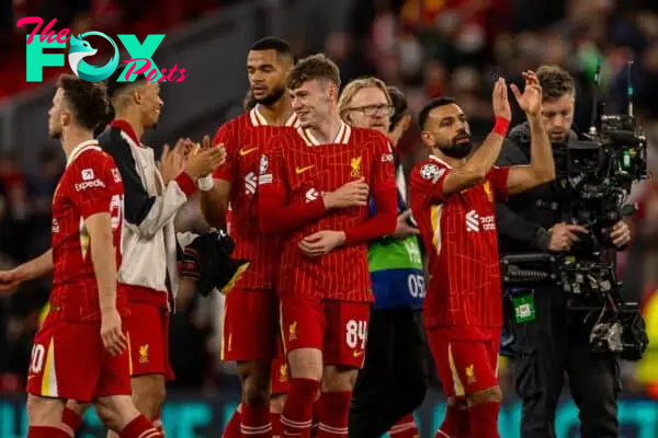 LIVERPOOL, ENGLAND - Wednesday, October 2, 2024: Liverpool's Mohamed Salah applauds the supporters after the UEFA Champions League game between Liverpool FC and Bologna FC 1909 at Anfield. (Photo by David Rawcliffe/Propaganda)