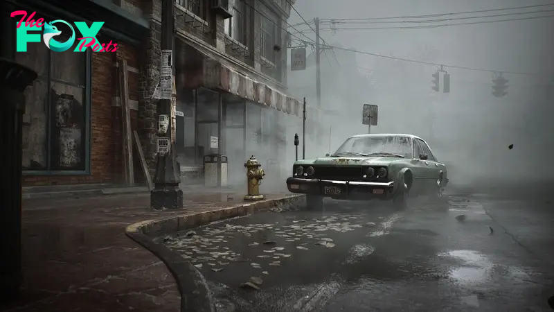 A grimy green car on the streets of Silent Hill in a screenshot from Bloober Team’s Silent Hill 2 remake