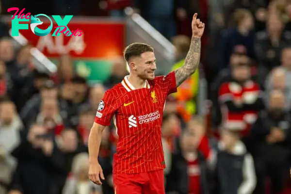 LIVERPOOL, ENGLAND - Wednesday, October 2, 2024: Liverpool's Alexis Mac Allister celebrates after scoring the first goal during the UEFA Champions League game between Liverpool FC and Bologna FC 1909 at Anfield. (Photo by David Rawcliffe/Propaganda)