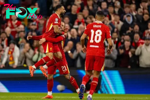 LIVERPOOL, ENGLAND - Wednesday, October 2, 2024: Liverpool's Mohamed Salah celebrates after scoring the second goal during the UEFA Champions League game between Liverpool FC and Bologna FC 1909 at Anfield. (Photo by David Rawcliffe/Propaganda)