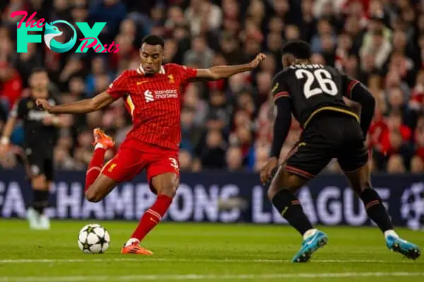 LIVERPOOL, ENGLAND - Wednesday, October 2, 2024: Liverpool's Ryan Gravenberch during the UEFA Champions League game between Liverpool FC and Bologna FC 1909 at Anfield. (Photo by David Rawcliffe/Propaganda)