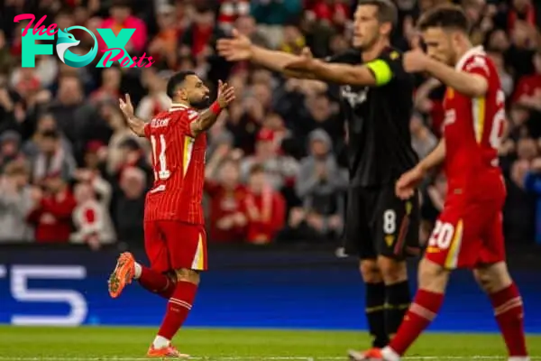 LIVERPOOL, ENGLAND - Wednesday, October 2, 2024: Liverpool's Mohamed Salah celebrates after scoring the second goal during the UEFA Champions League game between Liverpool FC and Bologna FC 1909 at Anfield. (Photo by David Rawcliffe/Propaganda)