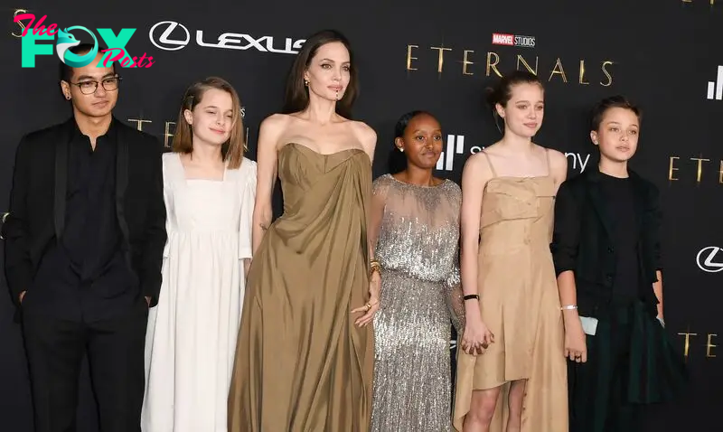 Maddox, Vivienne, Angelina Jolie, Zahara, Shiloh, and Knox Jolie Pitt during the world premiere of Marvel Studios' "Eternals" at the Dolby theatre in Los Angeles, on October 18, 2021. | Source: Getty Images